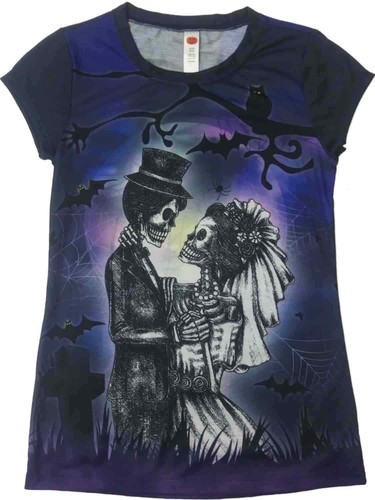 Junior Womens Black & White Skeleton Halloween Tee Shirt Spooky Wedding T-Shirt - 第 1/1 張圖片