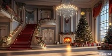 20'x10'Computer-painted Xmas Fireplace Tree Hall Wide Backdrop Background WBH158