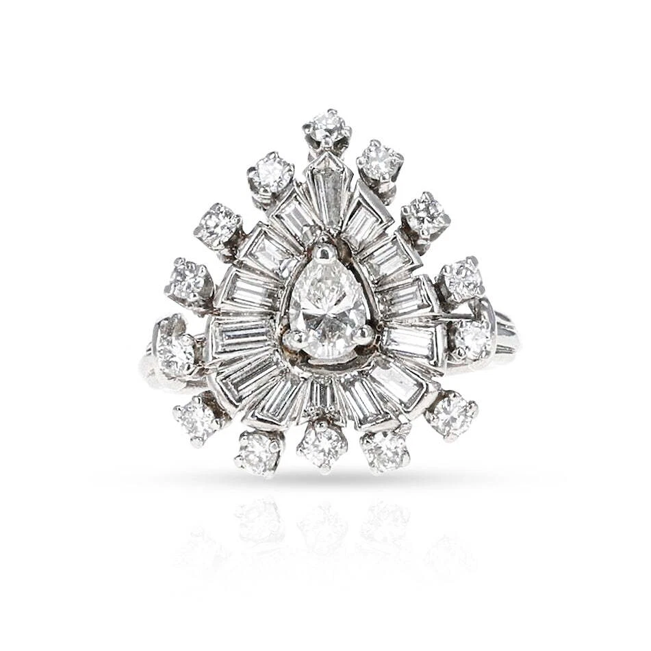 Pear Shape Diamond Ring with Baguette and Round Diamonds Platinum