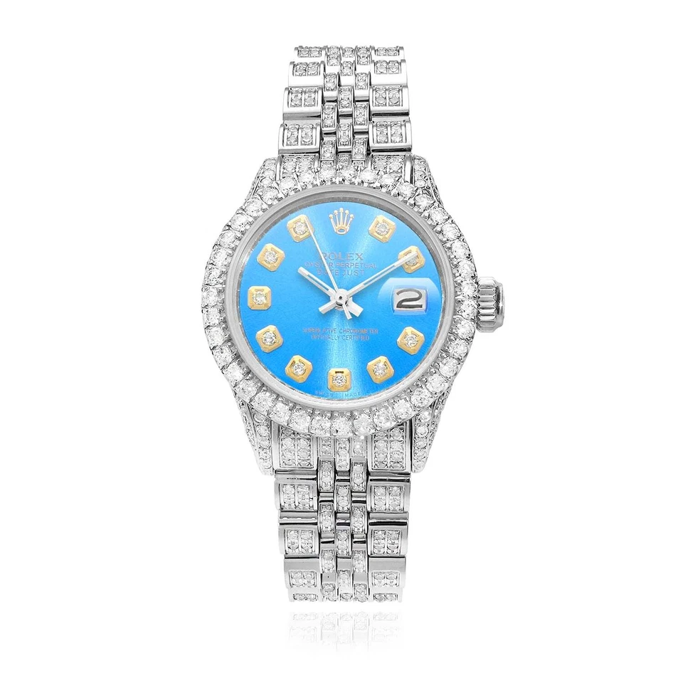 Reloj Rolex Datejust 26 mm pavé de diamantes banda de jubileo bisel de diamantes esfera azul cielo Foto 4 de 4