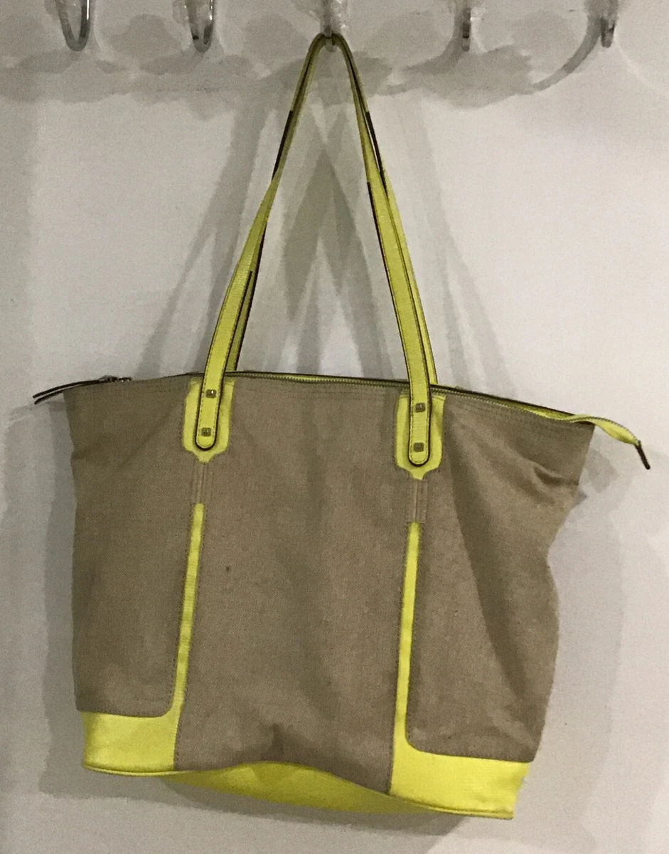 Stella Dot Tote Bag Hello Sunshine Burlap Leather Trim Shoulder