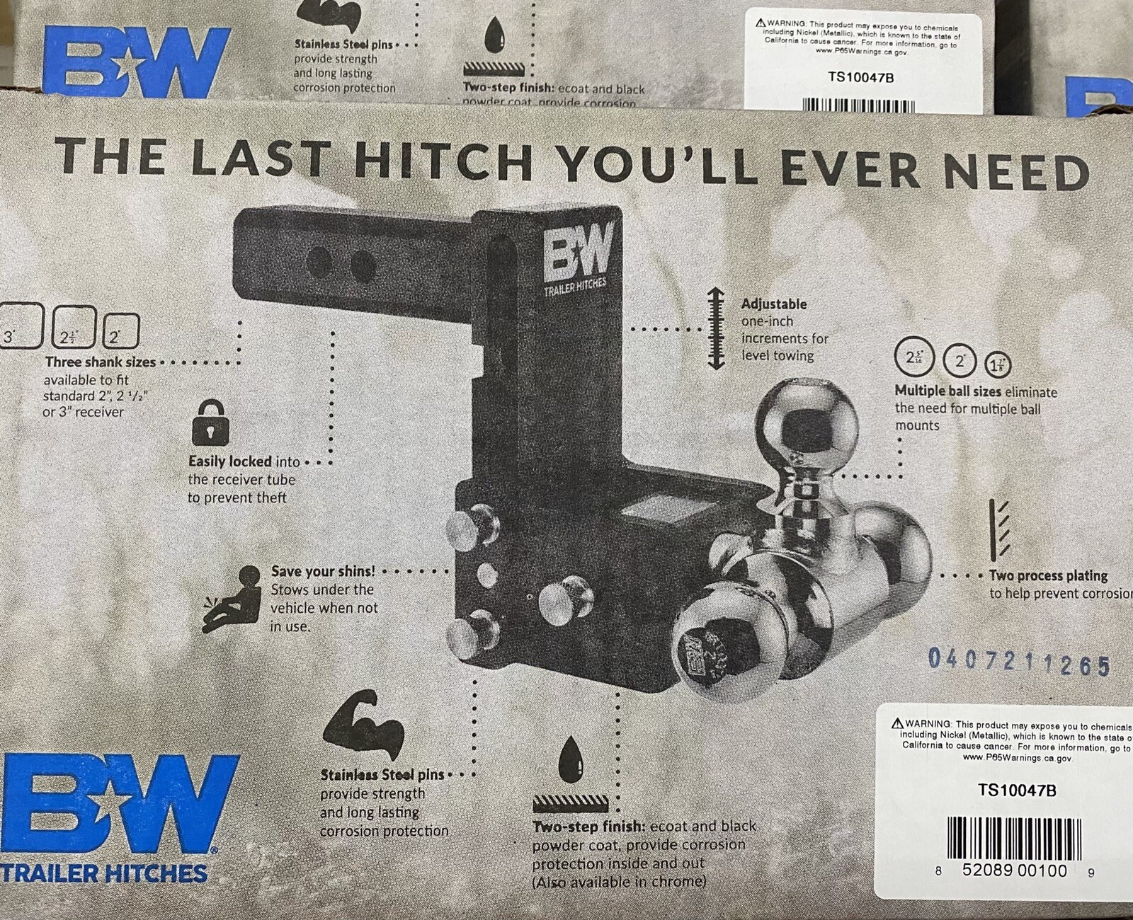 B&W Trailer Hitches TS10047B Tow and Stow Hitch Ball Mount 3" Drop For