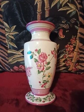 VTG Laura Ashley Home FTD Vase White & Pink Flowers Floral Green Leaves 9.5"H
