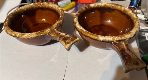 Vintage Hull Brown Drip Oven Proof USA Handled Soup/Chili Bowls - 2