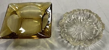 2 Vintage Glass Ashtrays Heavy Clear & Heavy Amber Glass Excellent Condition