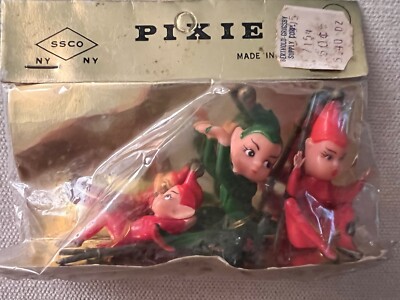 VTG 3 Christmas Pixie Elf Elves Laying, Sitting & Hanging. Plastic/Rubber NEW