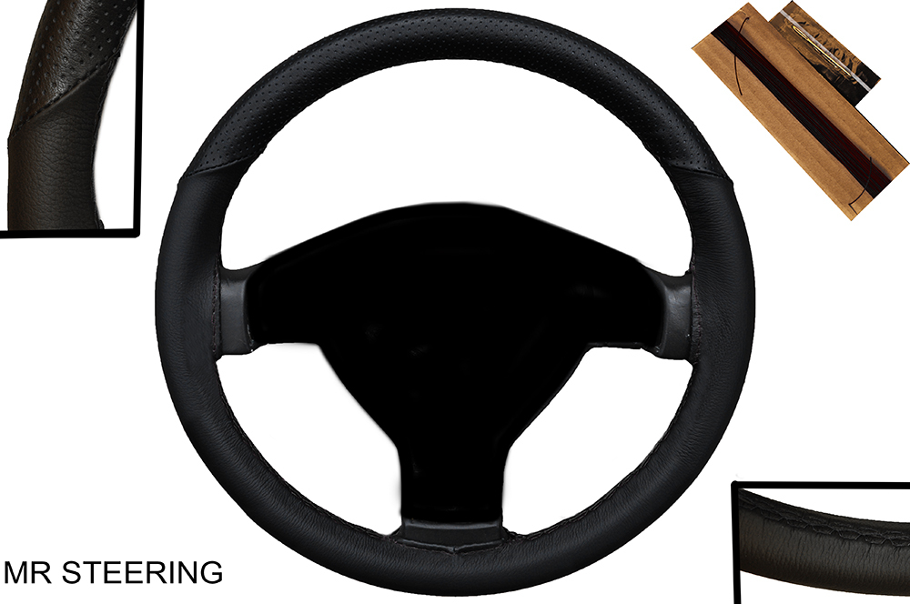 Ford Transit Connect 2002-2012 Real Leather Steering Wheel Cover – Black With Dark Blue Stitching