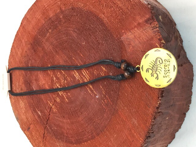 GOLD SCORPIO ZODIAC CHARM WITH BLACK ADJUSTABLE CORD NECKLACE WITH WOOD BEADS 