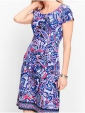 Talbots Faux Wrap Jersey Shift Dress small petite paisley blue pink resort wear