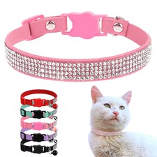 Pink Suede Leather Cat Collar Bling Rhinestone Design With Bell Safety Breakaway