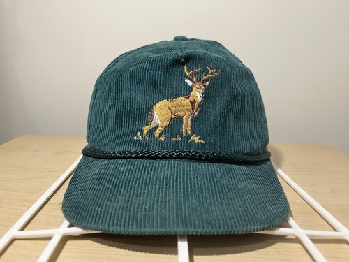 Vtg Corduroy Embroidered Deer Design Corded Rope Hat SnapBack Trucker Cap Green