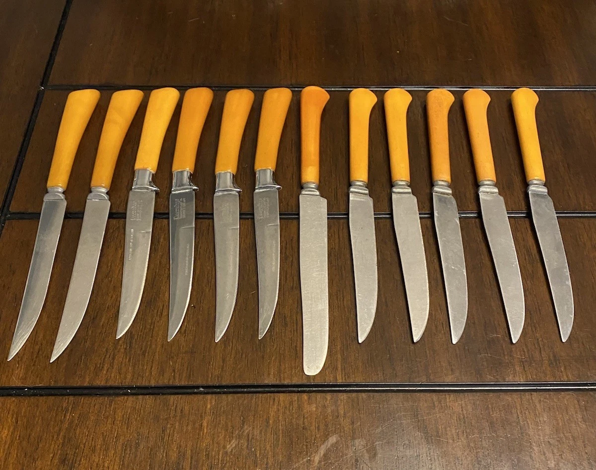 VTG Lot (12) Serrated Steak Knives Butterscotch Bakelite Handles Stainless
Opens in a new window or