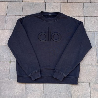 ALO Yoga Renown Heavy Weight Black Emblem Crew Neck Pullover Sweater Medium