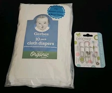 Gerber Organic White Prefold Cloth Diapers w/ Absorbent Padding - 10-Pack & Pins