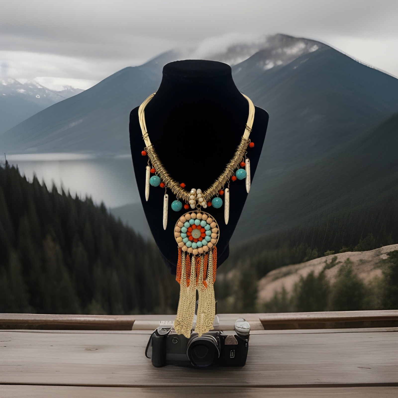 Indigenous Style Medallion Statement Necklace Gol… - image 2