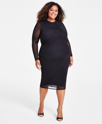 plus size black mesh dress Nina Parker Trendy Plus Size Scoop-Neck Long-Sleeve Mesh Dress - Black Beau