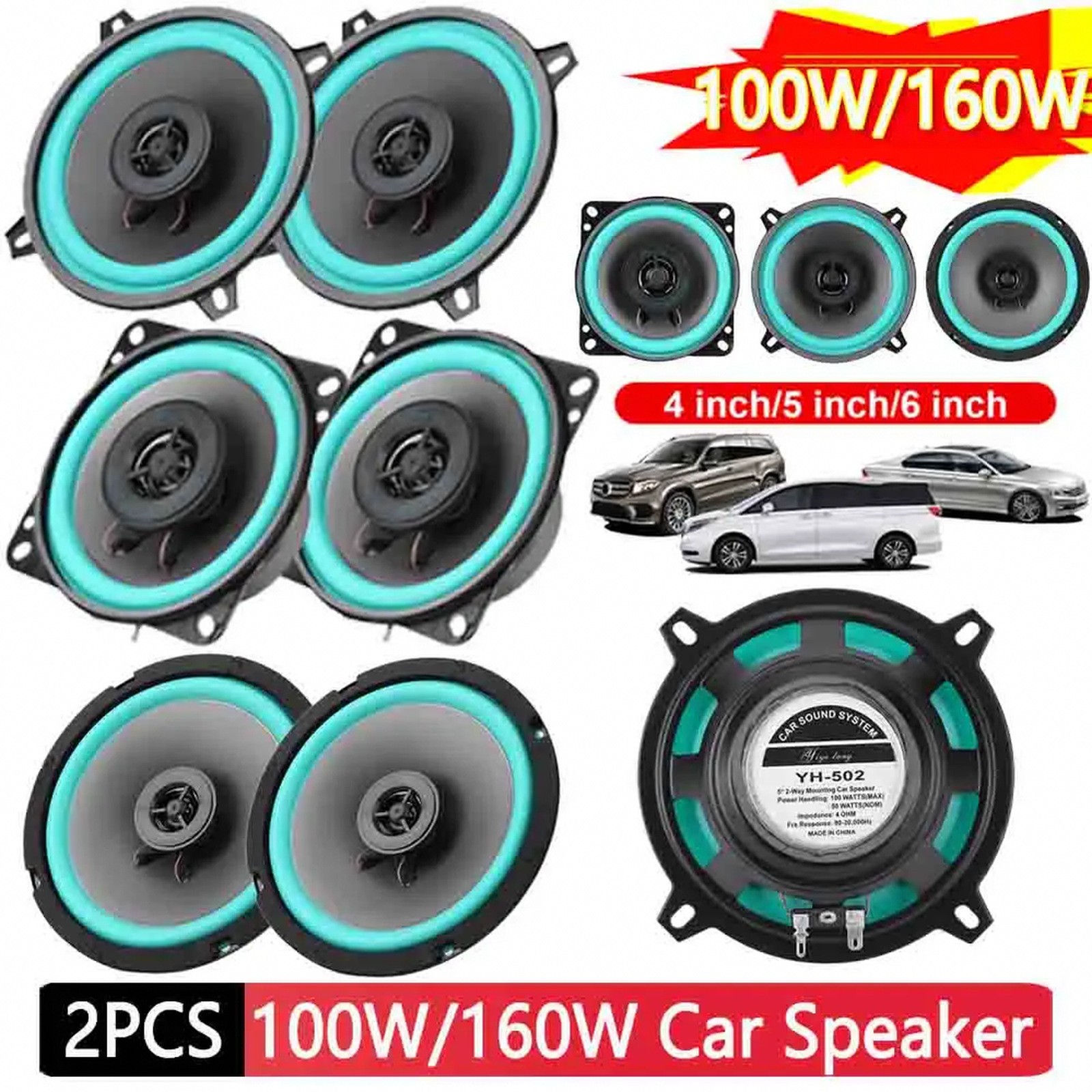 2-Piece Coaxial Car Speaker Set, 4 5 6 Inch, 12V, 4&Omega;, 92dB, 90Hz-20kHz, 160W Max