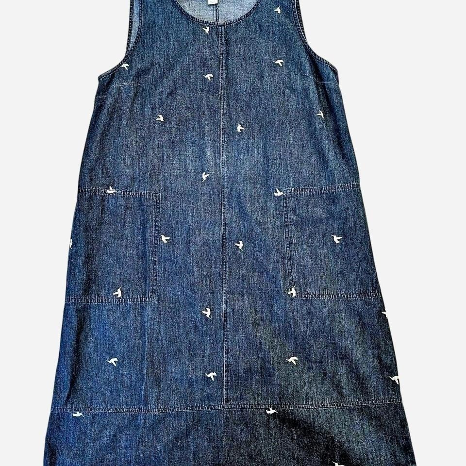 Christopher & Banks Denim Sleeveless Dress With Graphic Printed Hummingbirds Lrg