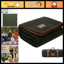 100 Wool Camping Blanket - Outdoor Throw, 63"x87", Warm Green Travel Blanket