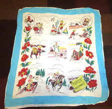 vintage scarf Tipos Nacionales Mexican scenes rayon 32x35"