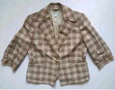 Talbots Jacket Blazer Plaid Checked Neutral Beige Cream Pockets Nude Grey 12