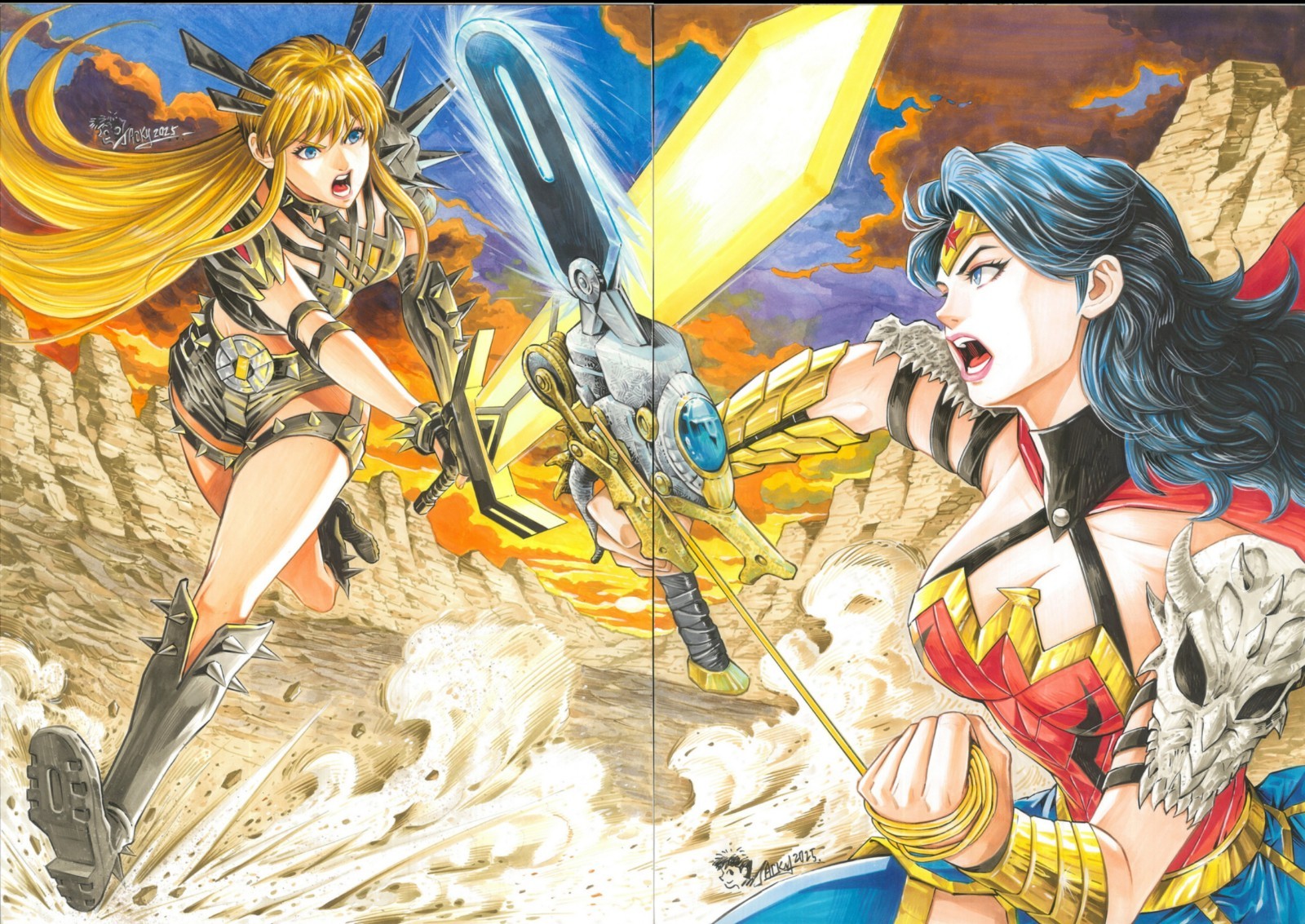 Arte original de Magik Vs Wonder Woman 11x17 de Jacky Hau incluye 6 bocetos preliminares