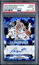 2024-25 Panini Prizm Draft Picks Penmanship Paige Bueckers Blue Ice /75 Psa 10