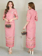 Set Thai Dress Blouse Skirt Silk Merit Wedding Women Lady Traditional Size M-3XL