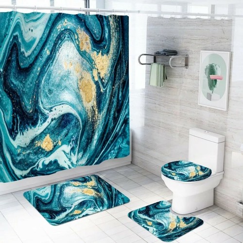 Teal Blue Marble Waterproof Shower Curtain Anti Slip Rug Toilet Seat