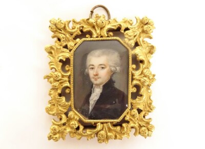 Miniatur Gemaltes Porträt Edelmann Noble Rahmen Bronze Vergoldet 19. Jahrhundert