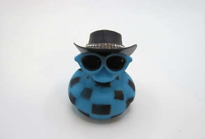 HAND DECORATED BLUE & BLACK CHECK RUBBER DUCK W/ BLACK COWBOY HAT & SUNGLASSES