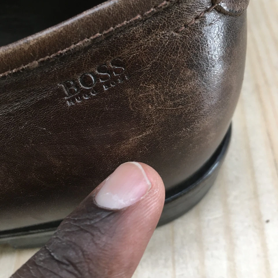 Hugo Boss Zapatos Para Hombres 8.5 Informales Mocasines Sin Cordones Cuero Marrón Puntera Cuadrada Parte Superior Baja Foto 3 de 4