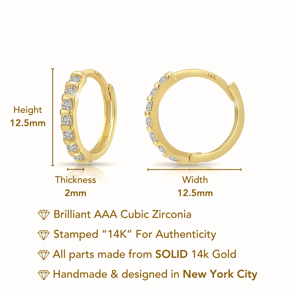 14K Solid Yellow Gold Dainty Pave CZ Eternity Huggie Hoop Earrings Small 12.5MM - Image 4 of 4