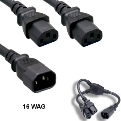 Kentek 6 ft AC Power Y Cable IEC-60320 C14 to 2X C13 16 AWG 13A 250V SJT