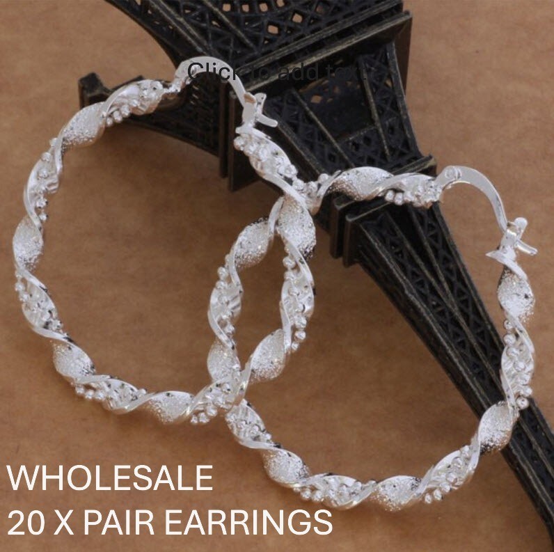 Wholesale 20 pcs 925 Sterling Silver Large Hoop Earrings with Twist Texture Bead 5cm