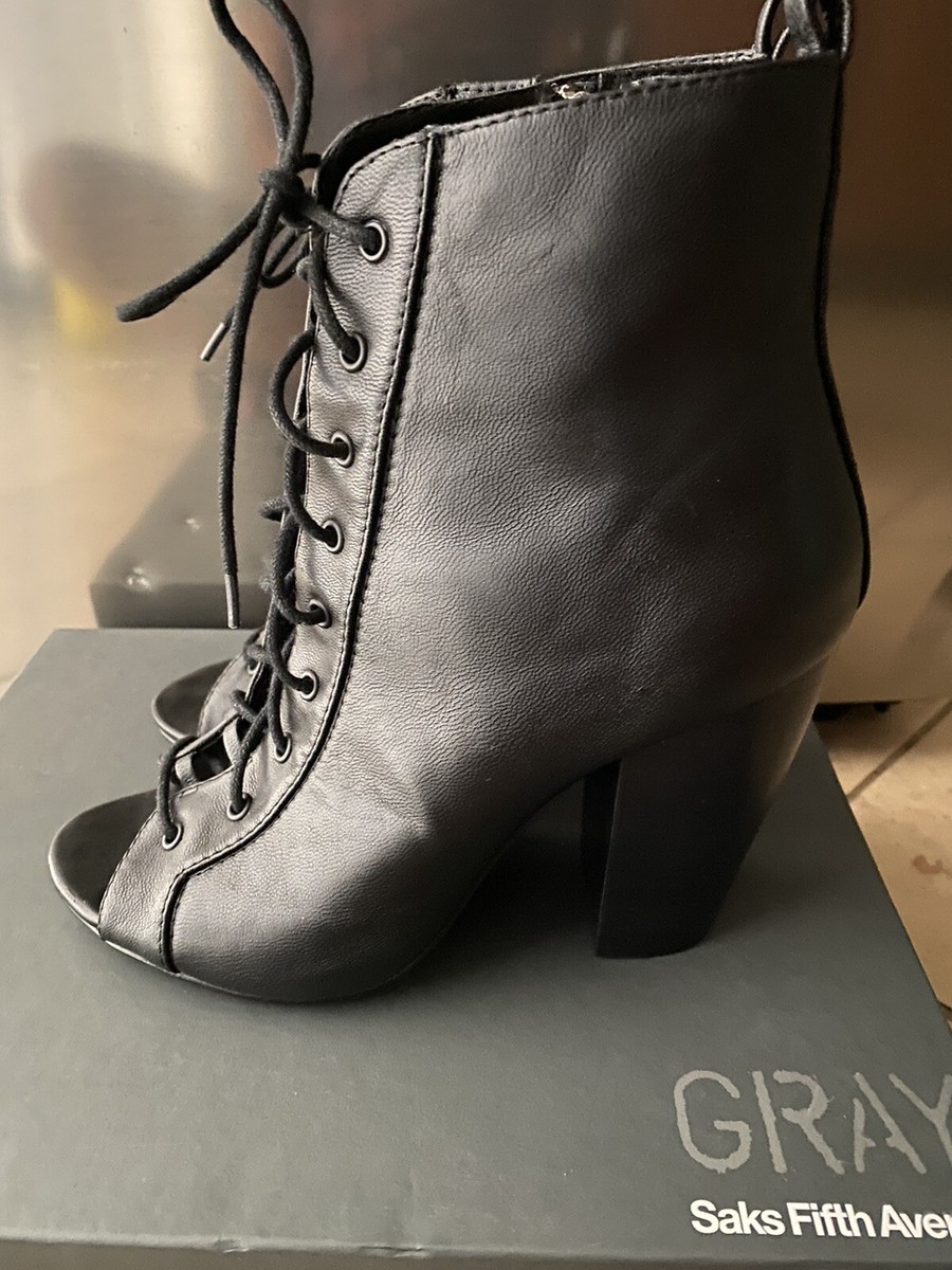 Saks Fifth Avenue Black Leather Lace up Ankle Boots with Peep Toe Size 8.5 View 2