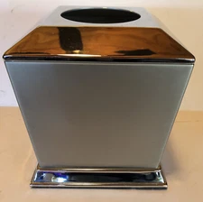 Silver Metal 6x6 Square Tissue Box Cover Matte Sides Shiny Top Trim Rubber Base