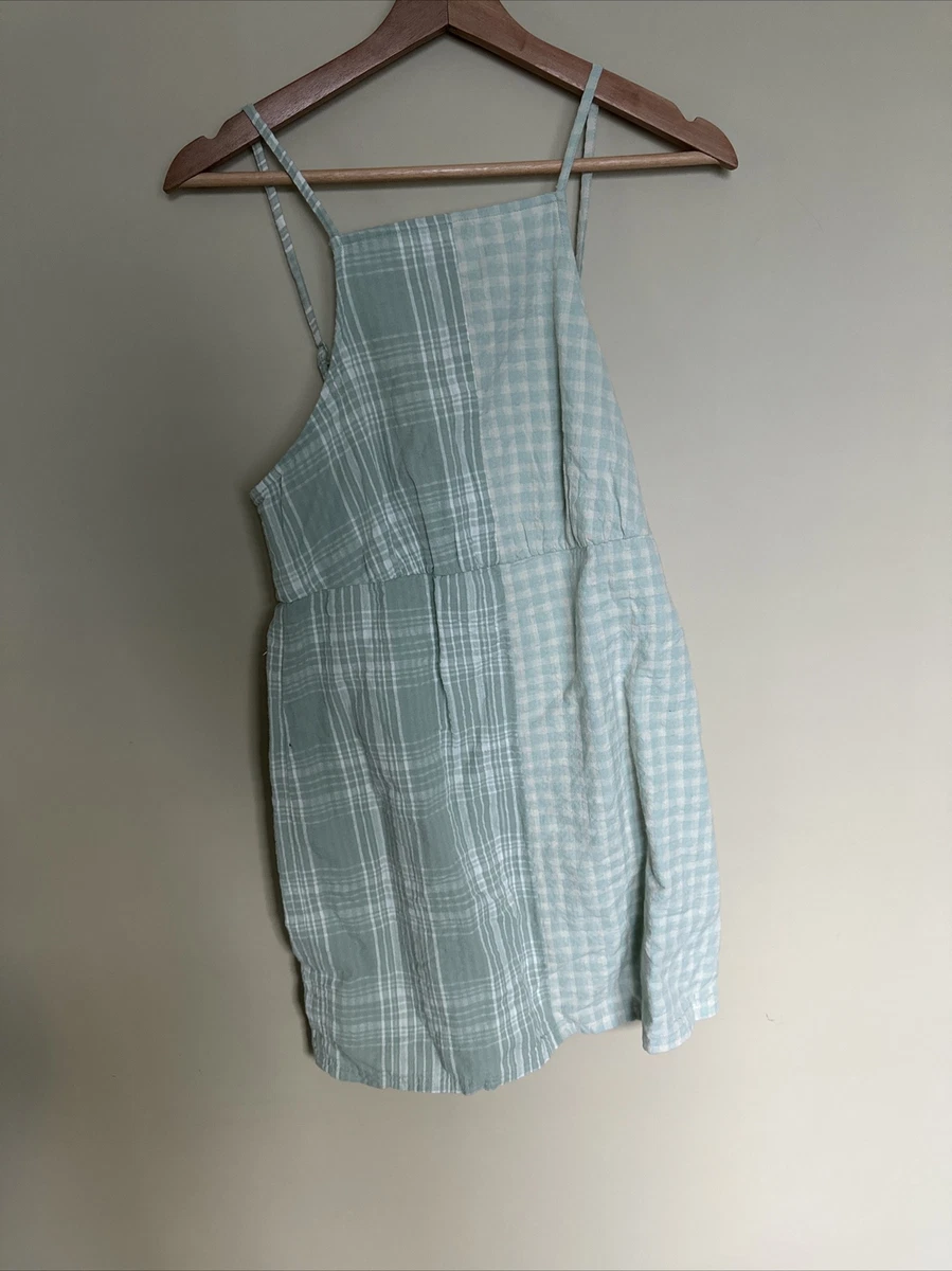 American Eagle Outfitters Seersucker Cotton Plaid Mini Dress Green