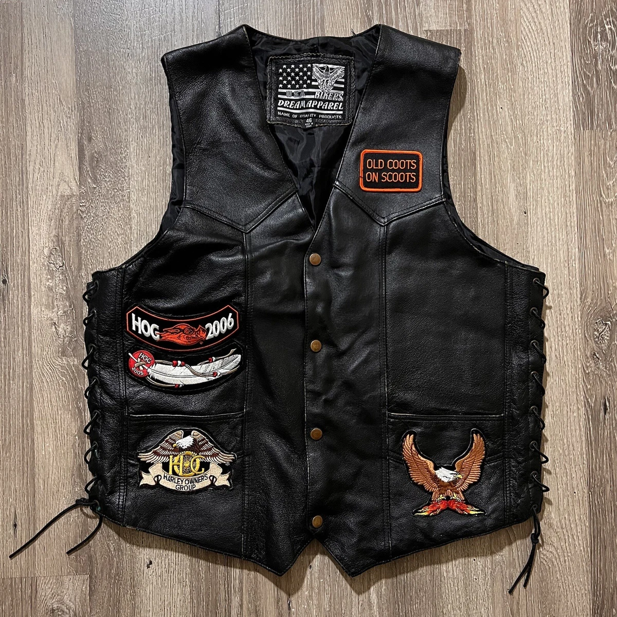 USA Bikers Dream Apparel Leather Vest Sz 46 Black w Patches Harley