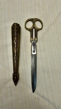 Rare Ornate Bronze Metal Scissors with Sheath missing letter opener