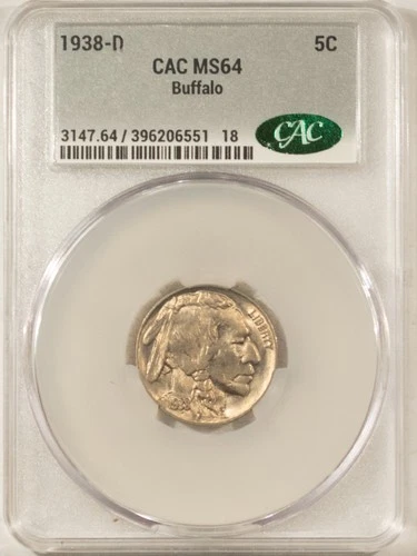 1938-D BUFFALO NICKEL - CACG MS-64, CAC APPROVED!