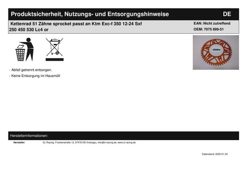 Kettenrad 51 Zähne sprocket passt an Ktm Exc-f 350 12-24 Sxf 250 450 530 Lc4 or - Bild 5 von 5