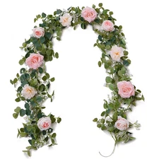 5.91FT Artificial Eucalyptus Garland with Flowers, Fake Rose Gypsophila Garla...