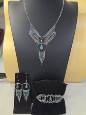 Boho Turquoise Beaded Fringe Silver Tone Metal Jewelry Set Neck, Brace, Ear