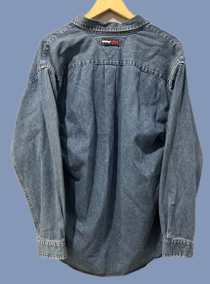 Camisa Tommy Hilfiger Para Hombre Azul Denim Manga Larga Mediana, Años 90 Vintage, Nueva Sin Etiquetas Foto 4 de 4