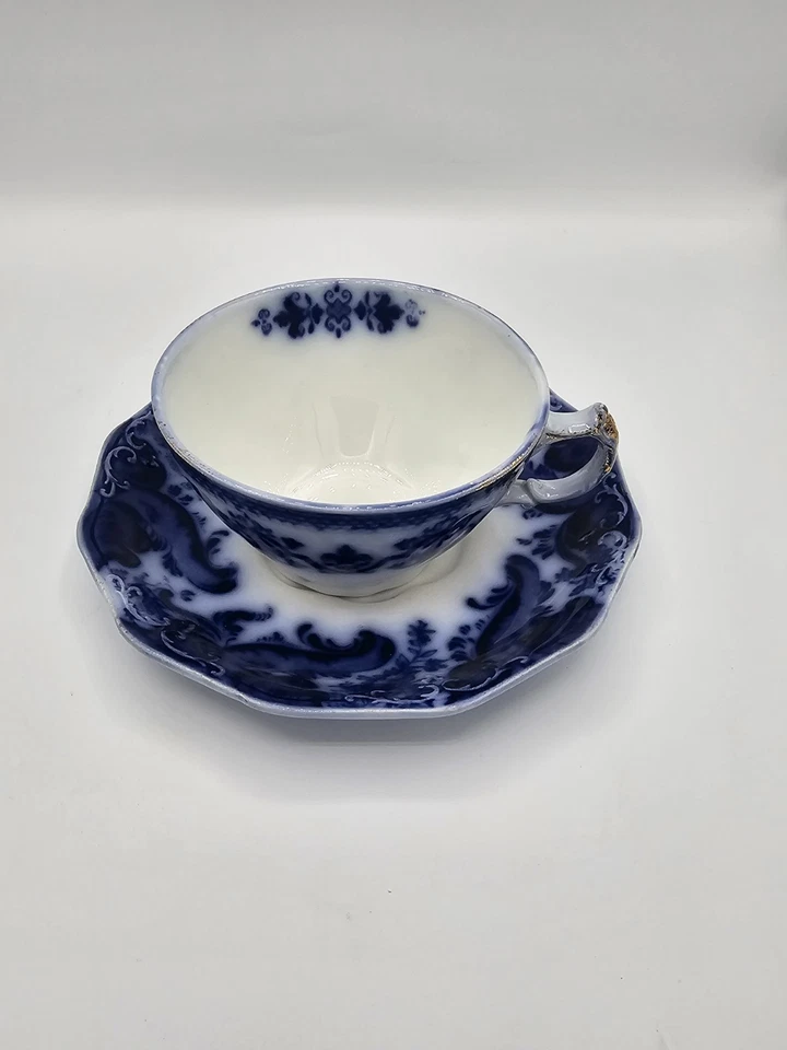 Antiguo juego de tazas/platillos Flow Blue X 2 England Ridgeway Lugano y Grindley Argyle Foto 4 de 4