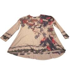 Inoah Blouse Tunic Floral Women Size S Made USA Art To Wear Artsy Soft Beige