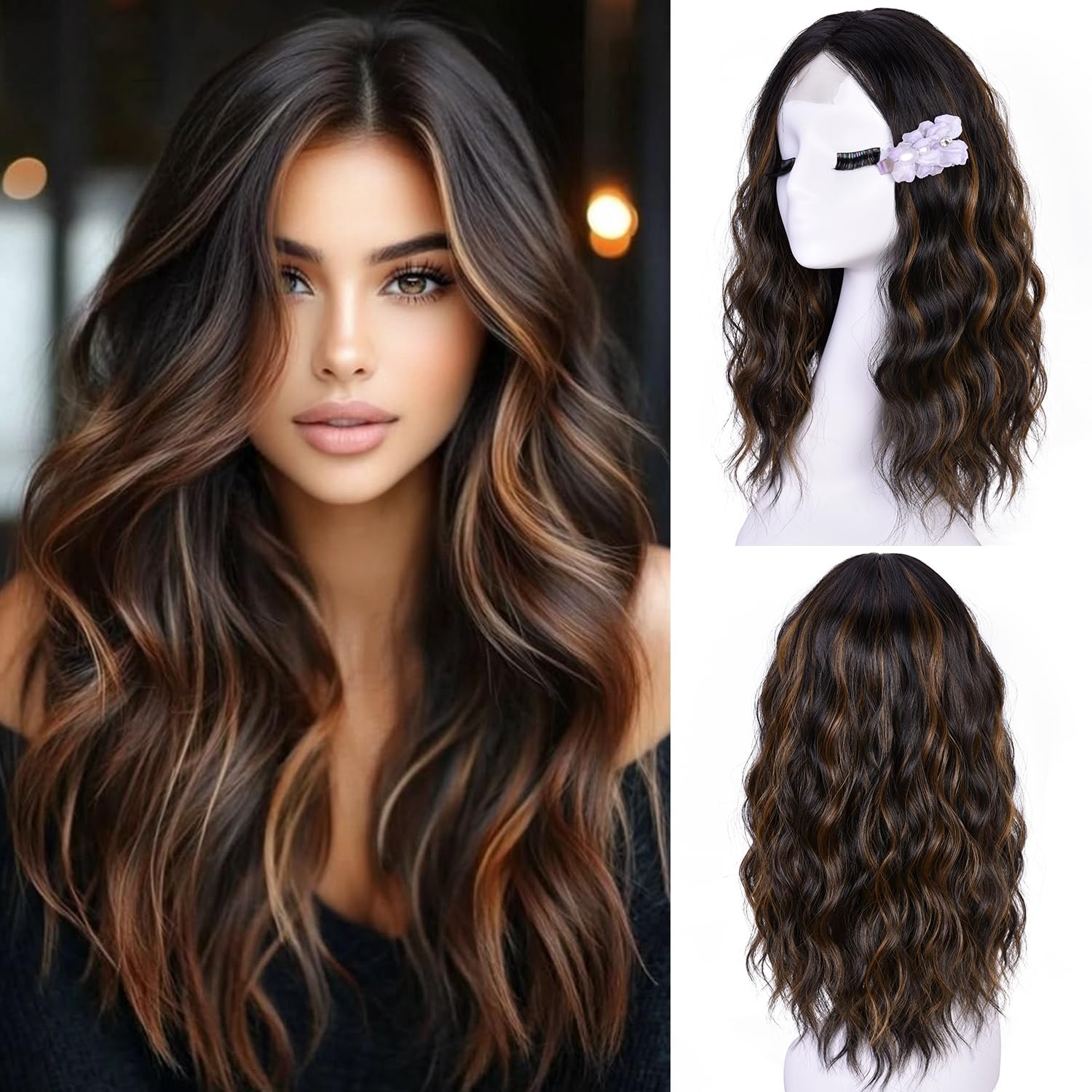 Lizzy Short Wavy Wig 18 Inch Middle Part Curly 21"" - 22.5, Brown Highlight