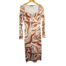 Shein Brown Marble Swirl Print Ribbed Sweetheart Midi Dress Womens Size M