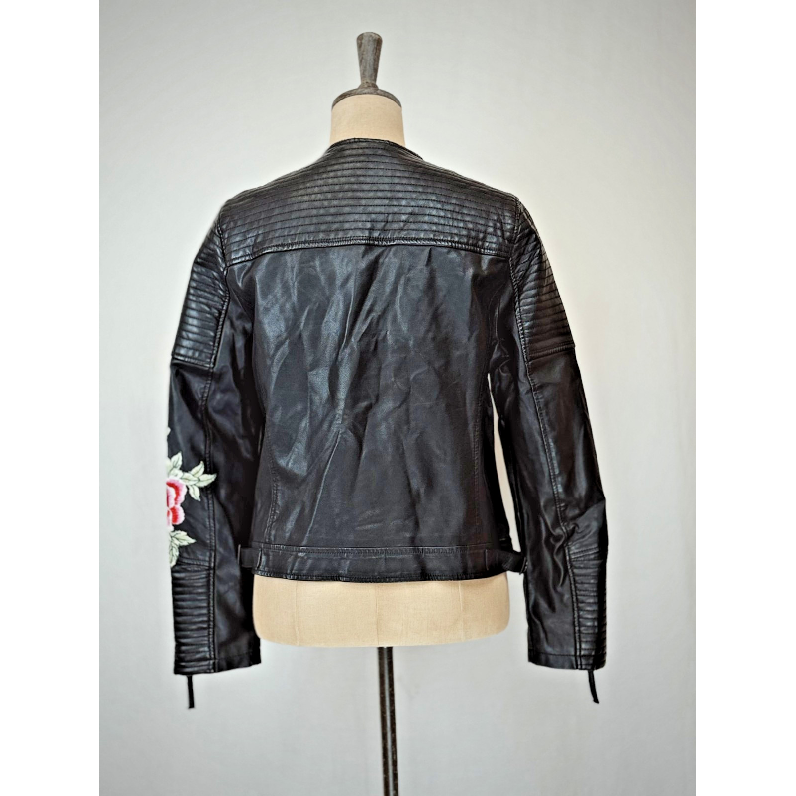 Top Shop Black Faux Leather Embroidered Moto Jacket Womens 10 / Medium #1-0166 image 2